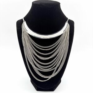 Silver Tone Multi Chain Statement Necklace Fringe Bib Style